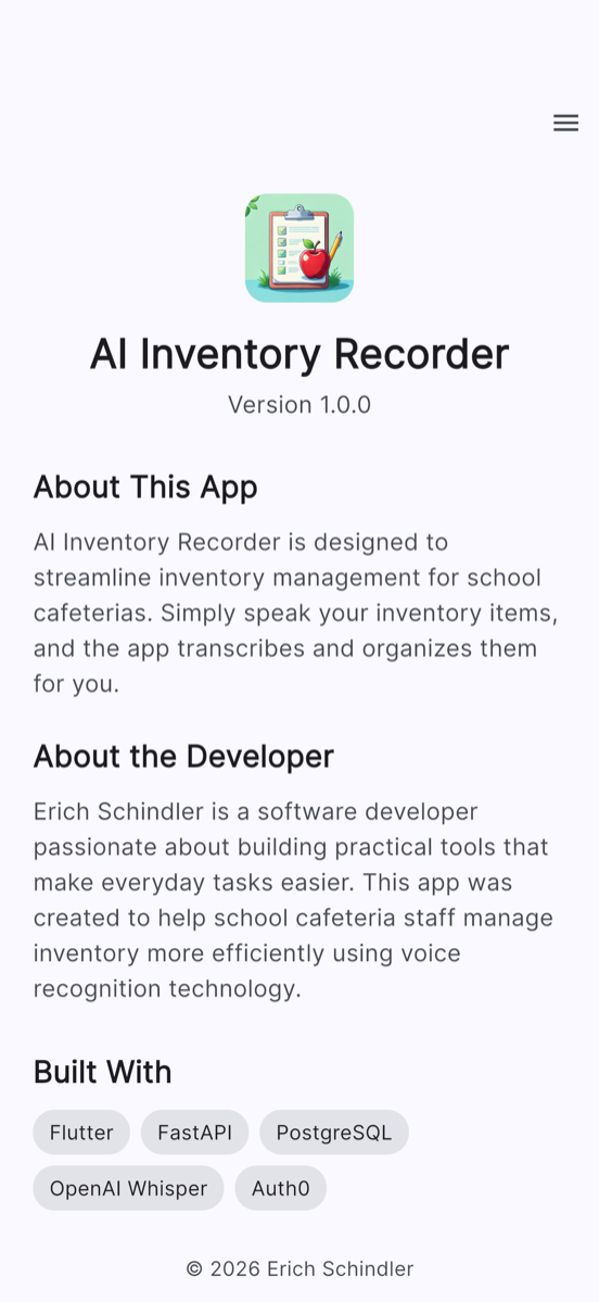 The AI Inventory Recorder about screen on an iPhone, showing version 1.0.0 and the technologies it is built with: Flutter, FastAPI, PostgreSQL, OpenAI Whisper, and Auth0.