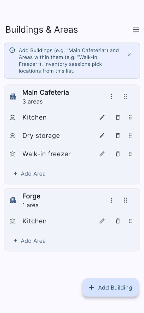 The Buildings & Areas screen of AI Inventory Recorder on an iPhone, showing a cafeteria building with kitchen, dry storage, and walk-in freezer areas.