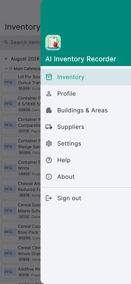 The AI Inventory Recorder navigation drawer on an iPhone, listing Inventory, Profile, Buildings & Areas, Suppliers, Settings, Help, and About.