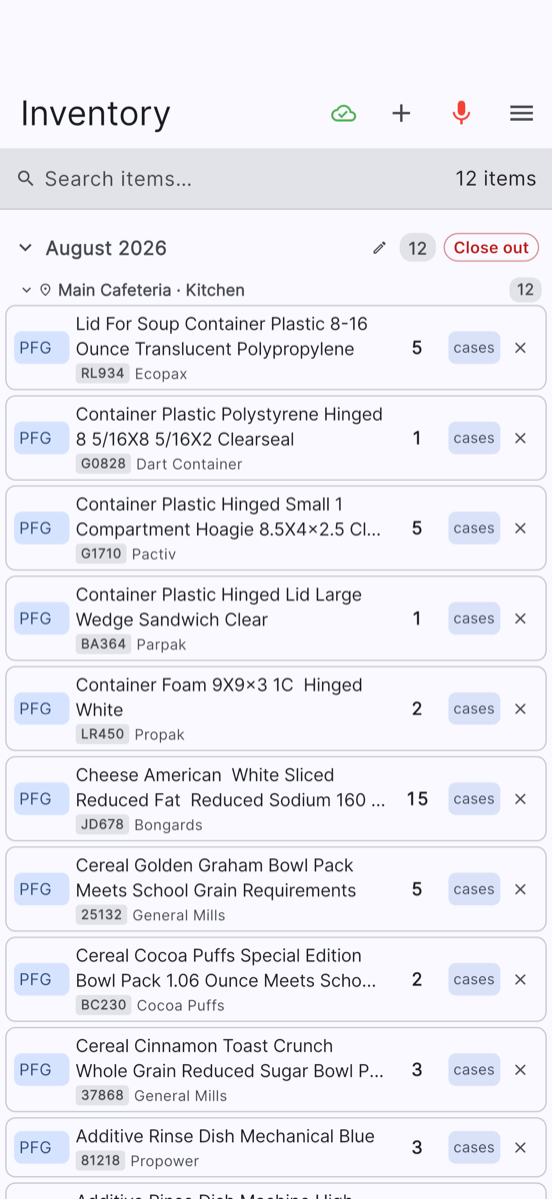 AI Inventory Recorder on an iPhone: an open inventory period for a cafeteria kitchen, listing counted items with quantities, units, and catalog codes.