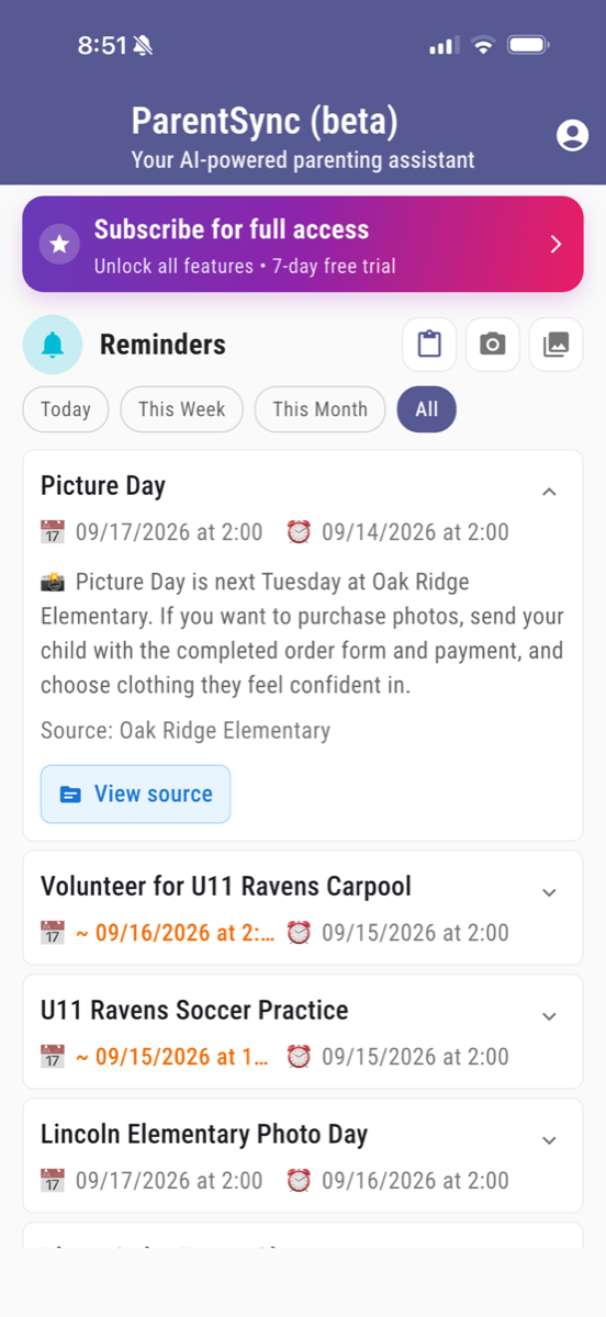 The same ParentSync reminder after review, with a corrected event date and an earlier reminder date.