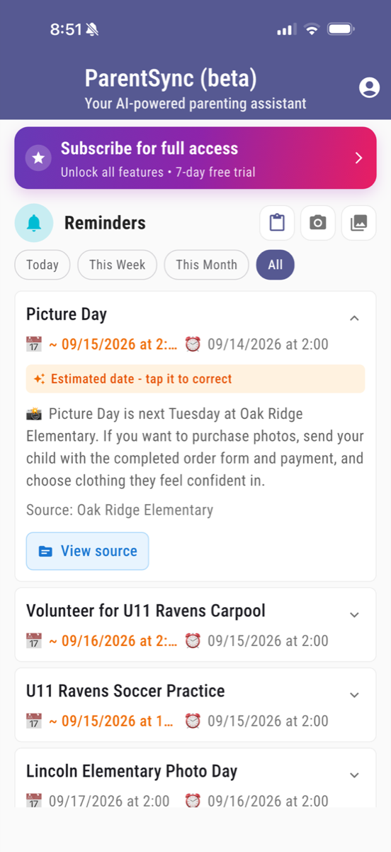 An expanded ParentSync reminder showing the extracted notice text, its source, and a banner marking the event date as estimated and correctable.