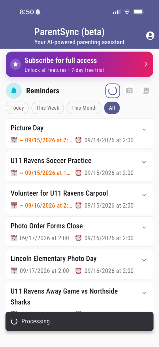The ParentSync reminder list on an iPhone while a new capture is being processed, showing captured school and sports events with their event and reminder dates.